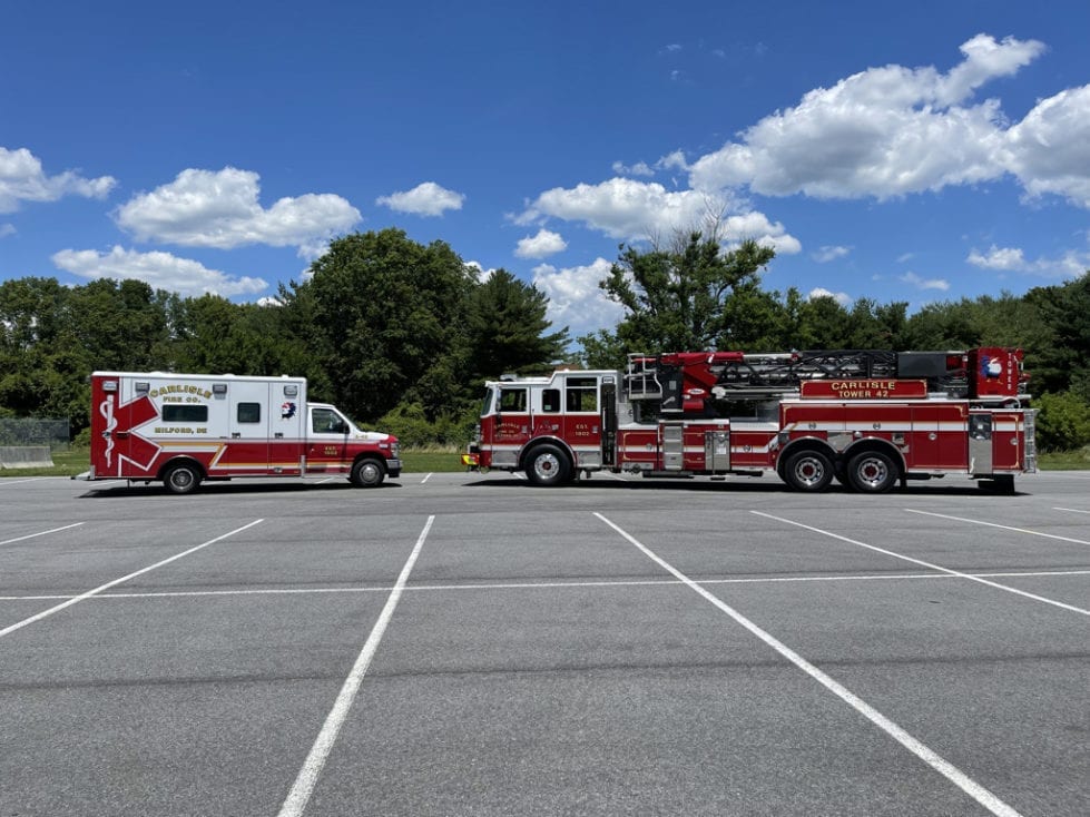 a fire truck parked in a parking lot