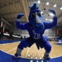 Delaware Blue Coats mascot flexes for the camera photo courtesy of Ben Fulton
