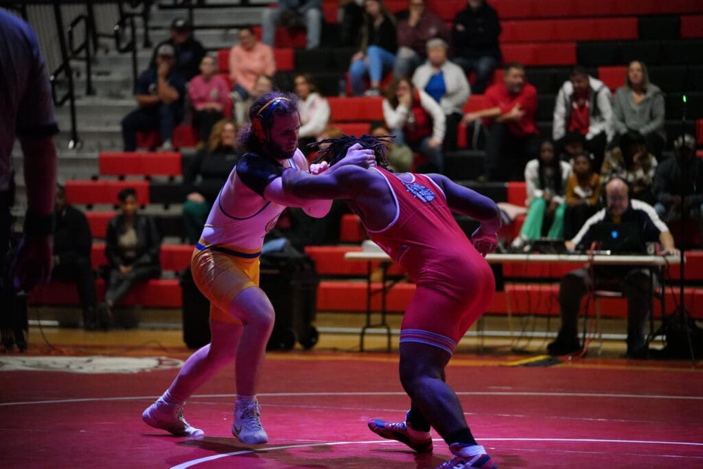 Caesar Rodneys Owyn Meister left locks up with Laurels Cordai Rodriguez at 215 pounds. Meister won with a pin 127 photo courtesy of Eric Donato