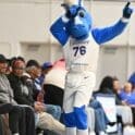 Delaware Blue Coats mascot dances during the game photo courtesy of Ben Fulton