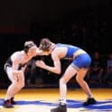 Dustin Elliott of Sussex Tech left ties up with Jamisen Dean of Caesar Rodney at 144 pounds. Elliott won by pin photo courtesy of Eric Donato