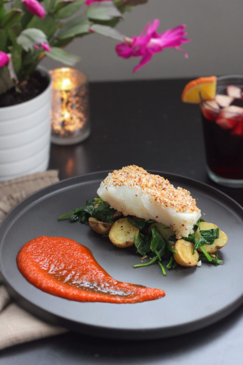 Featured image for “Dinner for Two: Almond-Crusted Cod with Baby Potatoes and Roasted Red Pepper Sauce”