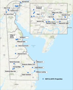 Map shows Delaware properties supported through Housing Development Fund and Low-Income Housing Tax Credit programs. (Courtesy of DSHA)