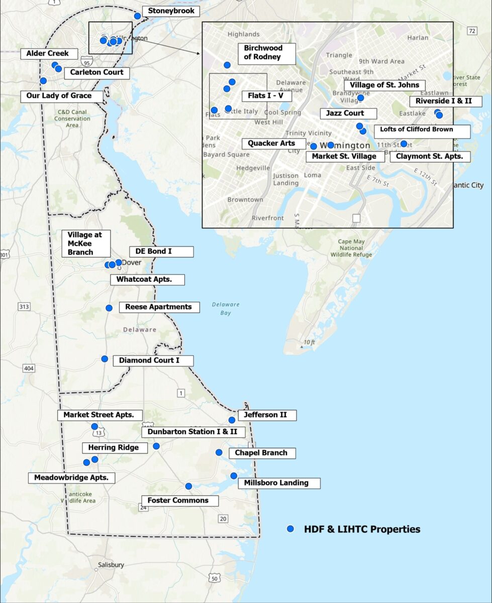 Map shows Delaware properties supported through Housing Development Fund and Low-Income Housing Tax Credit programs. (Courtesy of DSHA)