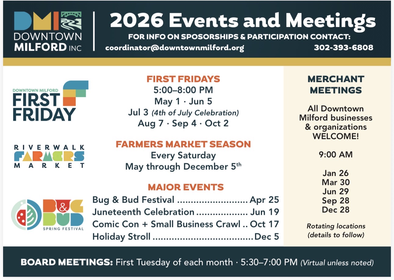 Downtown Milford Inc. has released its 2026 calendar of meetings and signature events, including the return of First Fridays, the Riverwalk Farmers Market and annual festivals. (Photo courtesy of Downtown Milford Inc.) 