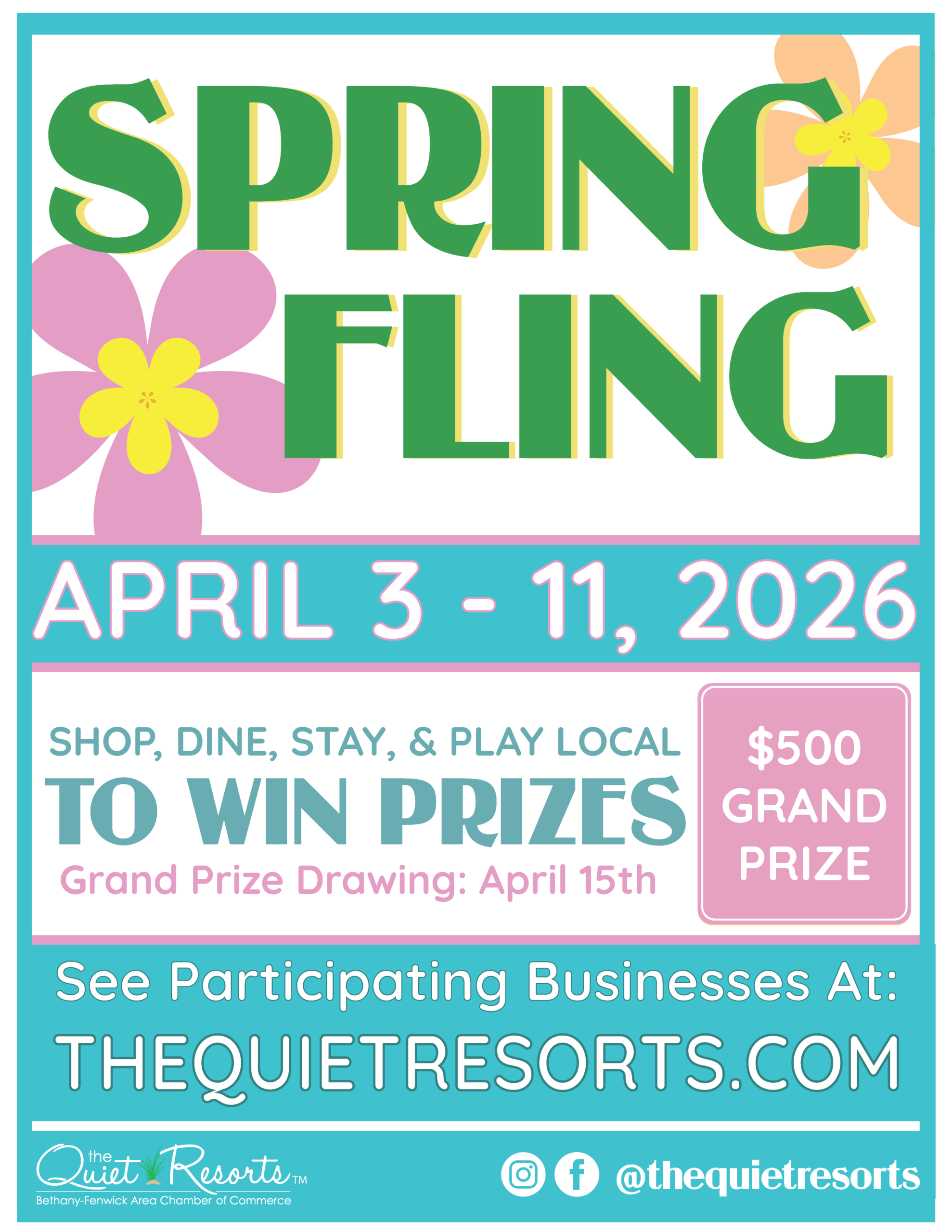 The Bethany-Fenwick Area Chamber of Commerce will host its annual Spring Fling April 3–11, 2026, encouraging residents and visitors to support local businesses for a chance to win in-store prizes and a $500 grand prize. (Photo courtesy of Bethany-Fenwick Area Chamber of Commerce.)