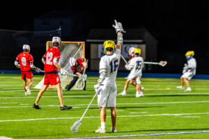 Braxton Faircloth celebrates one of the Riders' 11 goals on the night. 