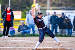 Polytech sophomore Madison Frazier pitches against the Smyrna Eagles lineup.