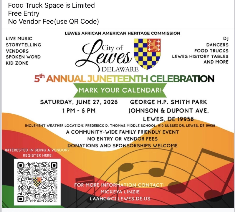 Lewes to host 5th annual Juneteenth celebration June 27 3 Lewes African American Heritage Commission and the City of Lewes will host the 5th Annual Juneteenth Celebration on Saturday, June 27, at George H.P. Smith Park in Lewes. (Photo courtesy of Lewes Chamber of Commerce.)