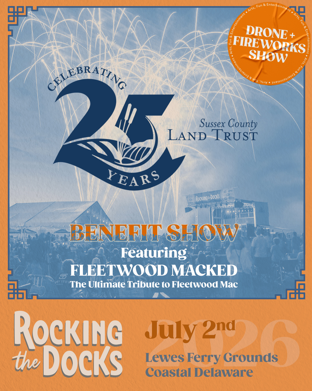 “Stars Over Sussex” will bring live music, fireworks, food vendors, and a drone show to the Lewes waterfront on July 2 for Delaware 250. (Photo courtesy of Sussex County Land Trust.) 
