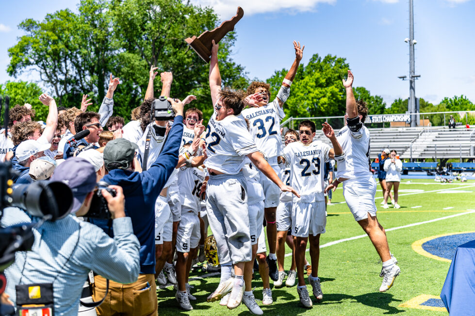 The Salesianum boys lacrosse team celebrates their victory in the 2026 DIAA Boys Lacrosse Championship game.