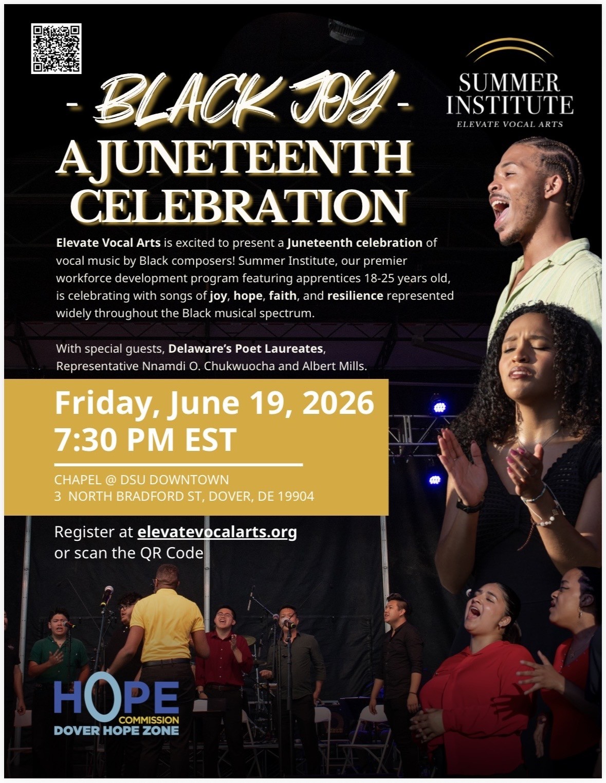 Dover Hope Zone to host free Juneteenth concert celebrating Black musical traditions 3 The Dover Hope Zone and Elevate Vocal Arts Summer Institute will host a free Juneteenth concert, "Black Joy: A Juneteenth Celebration," on June 19 in Dover. (Photo courtesy of Dover Hope Zone.