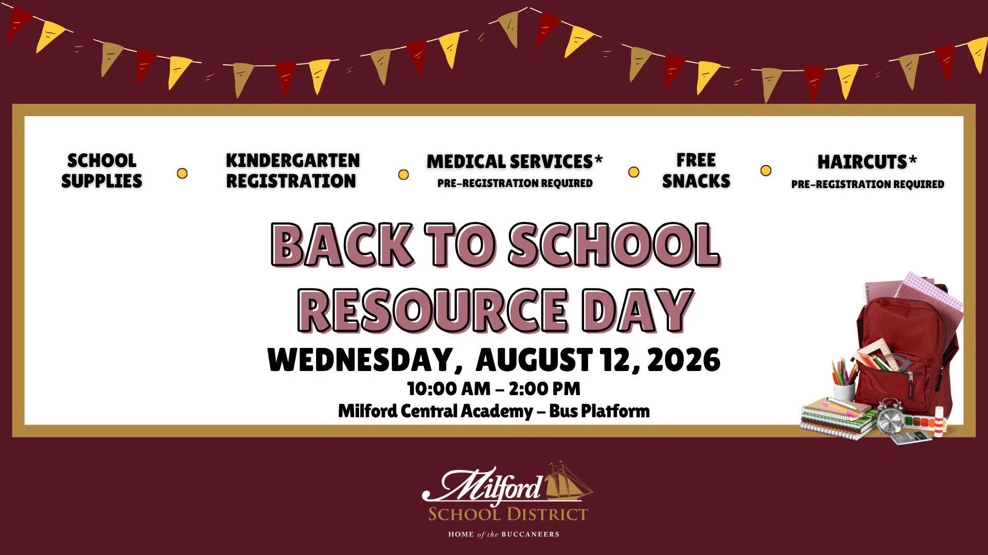The Milford School District will host a free Back-to-School Resource Day on Wednesday, Aug. 12, from 10 a.m. to 2 p.m. at Milford Central Academy. (Photo courtesy of Milford School District.) 